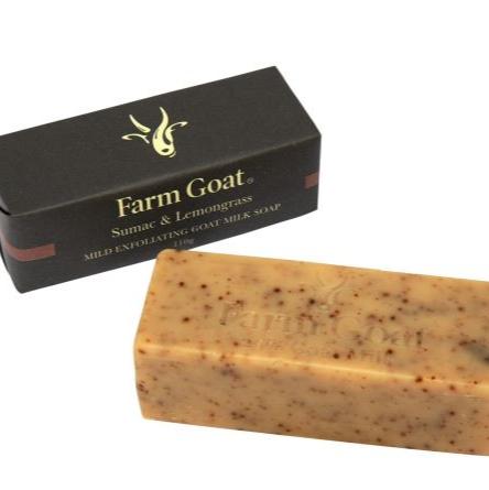 Farm Goat Milk Soap Sumac and Lemongrass Bar on white background next to box