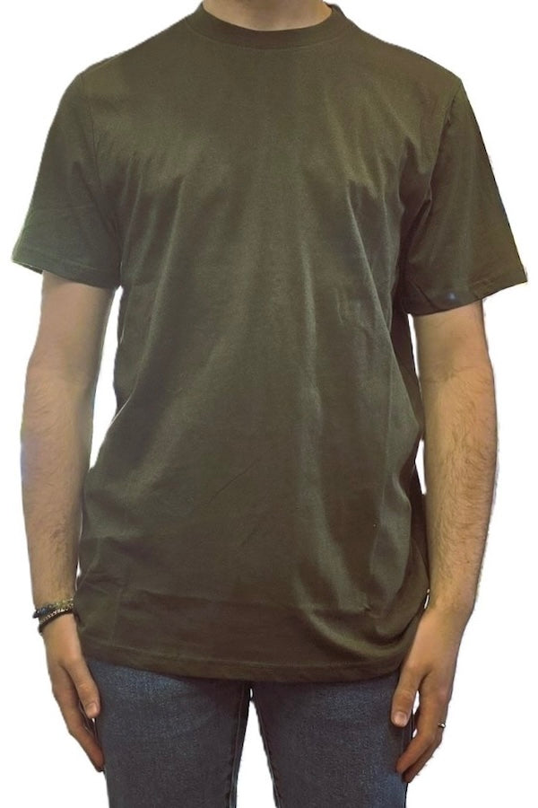 Army green mens combed cotton t-shirt on male model on white background