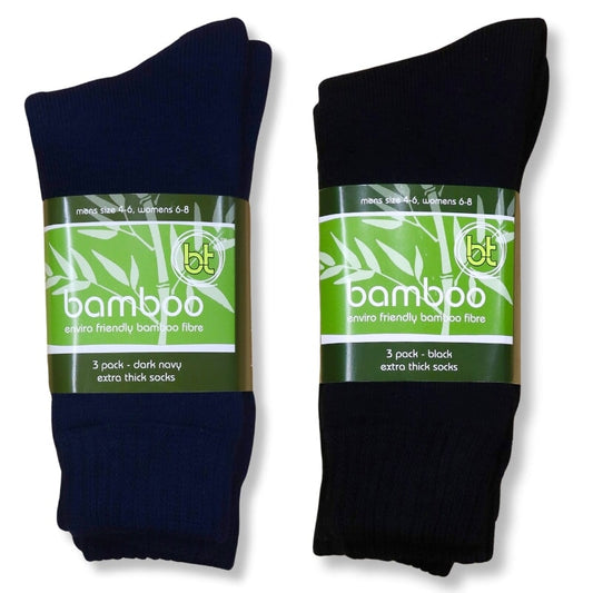 3 pack of navy and black bamboo thick socks on white background