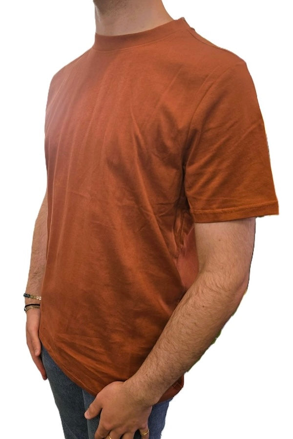 Orange coloured cotton t-shirt on male model on white background