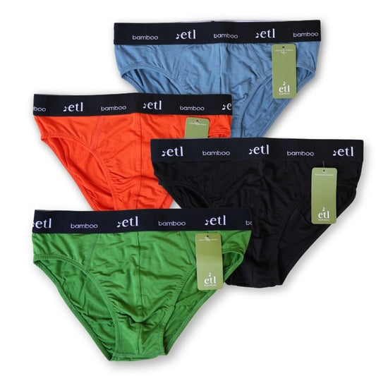 flat lay of 4 pack of mens bamboo briefs. Colours of underwear are blue, orange, black and green. 