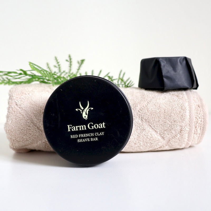 Farm Goat red french clave shave bar in reusable tin with towel