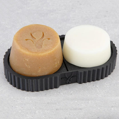 Farm goat black soap tray with 2 goats milk soaps on the tray