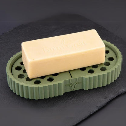 Green Farm Goat soap tray with goats milk soap tray sitting on top