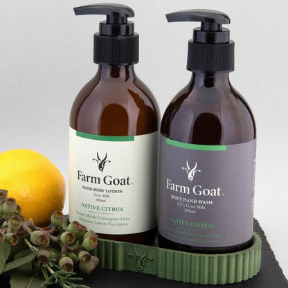 Farm Goat green soap tray with inserts removed to fit both body lotion and hand wash bottles