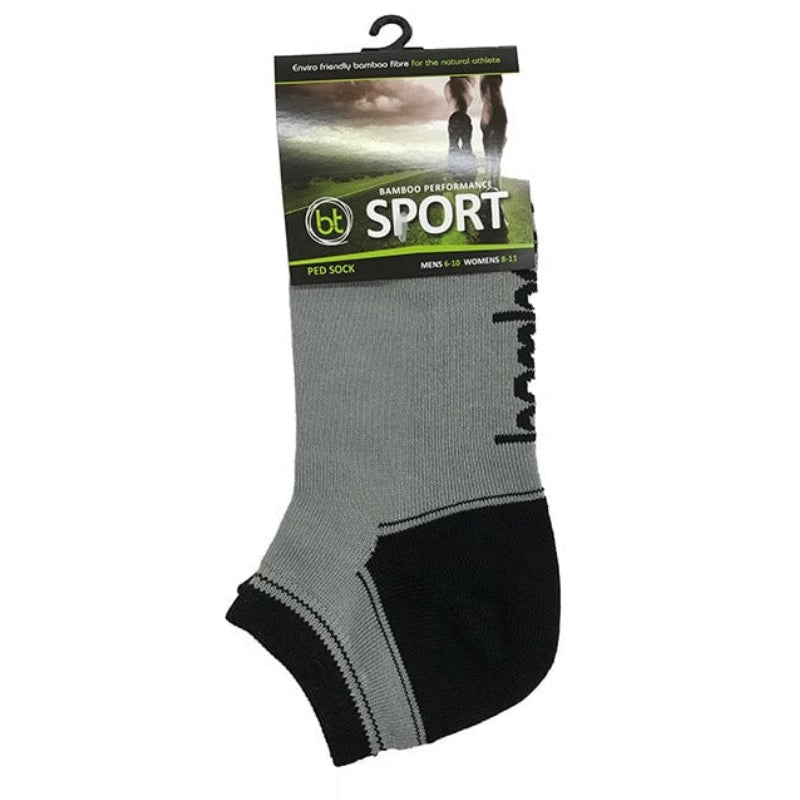 Grey and black bamboo ankle sport sock on white background