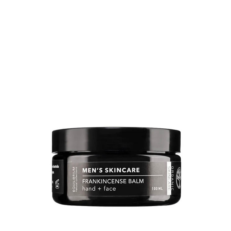 Mens skincare hand and face balm in black container on white background