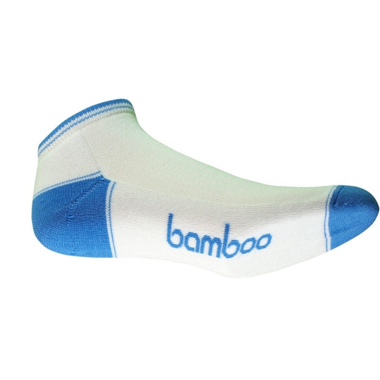 White and sky blue bamboo ankle sport sock on white background