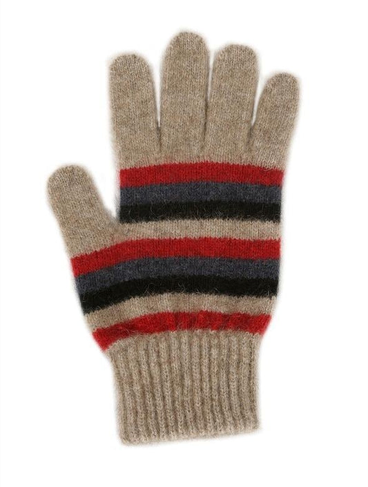 Lothlorian possum and merino wool striped natural, red and black striped glove flat lay on white background