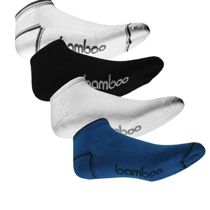 4 colours of bamboo ankle sports socks in a stack on a white background