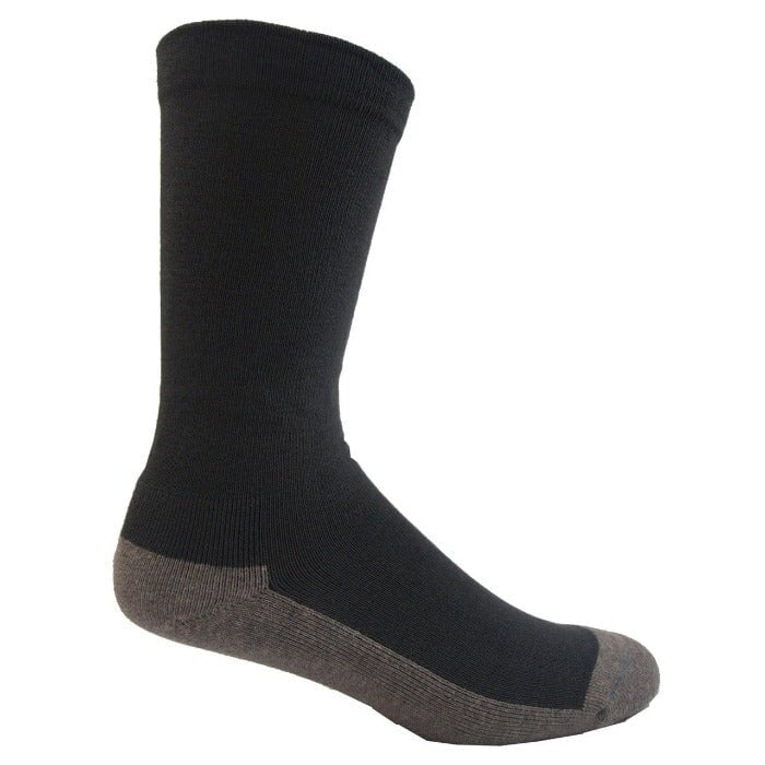 black coloured bamboo health sock with loose fitting top for circulation and a charcoal sole on white background