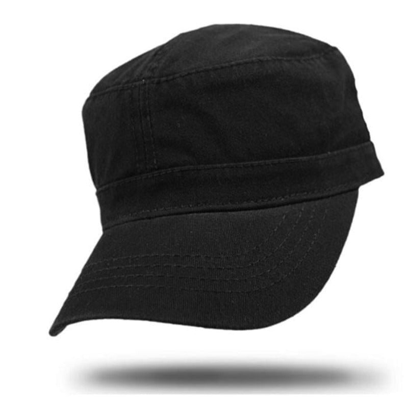 Black cotton cap with velcro adjustment on white background