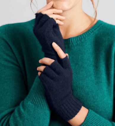 Gloves Fingerless Possum Merino navy on female model with wool jumper