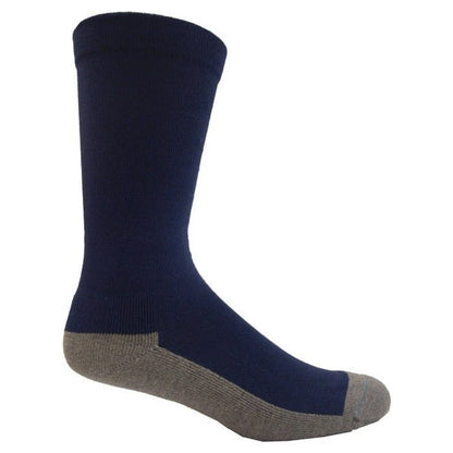 Navy blue bamboo health sock with loose fitting top for circulation and a charcoal sole on white background