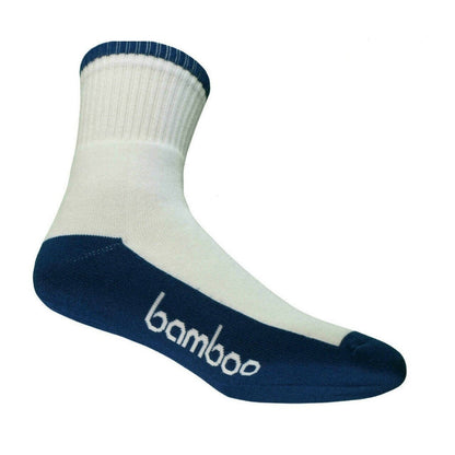 Navy and white bamboo sports crew sock on white background