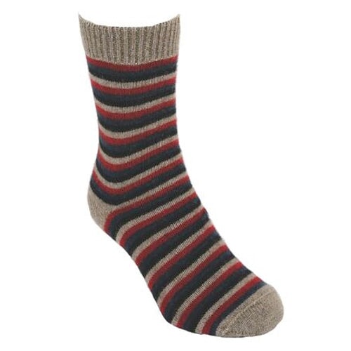 Red, natural and black striped possum and merino wool striped sock flat lay on white background. Warm, comfy and soft winter wool sock