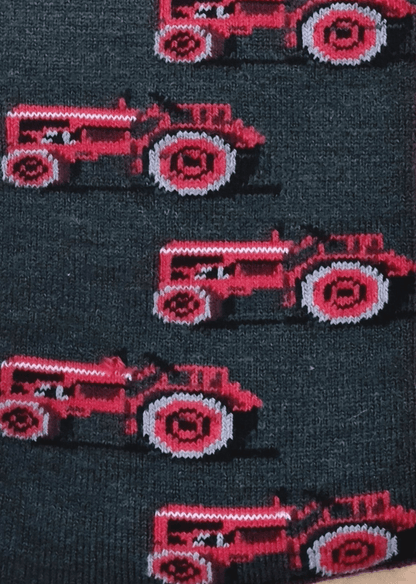 Close up Australian made merino wool grey socks with red tractor design