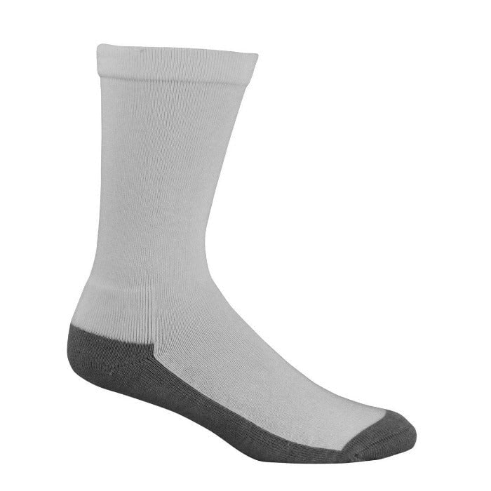 White bamboo health sock with loose fitting top for circulation and a charcoal sole on white background