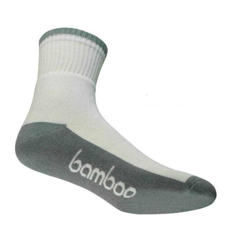 Grey and white bamboo sports crew socks on white background